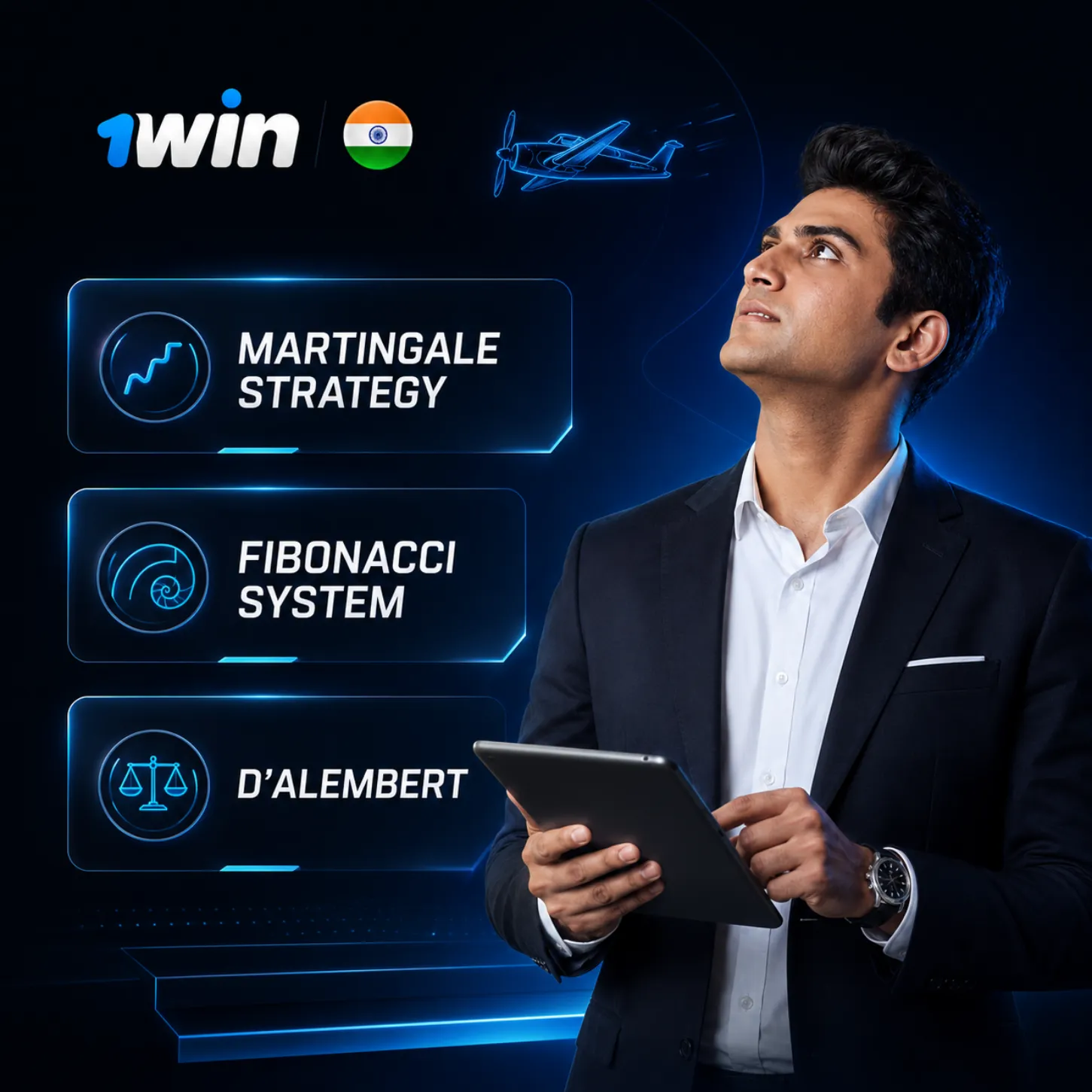 1win Aviator strategy banner featuring an Indian player with a tablet and modern panels for the Martingale, Fibonacci and D’Alembert betting systems on a dark blue background