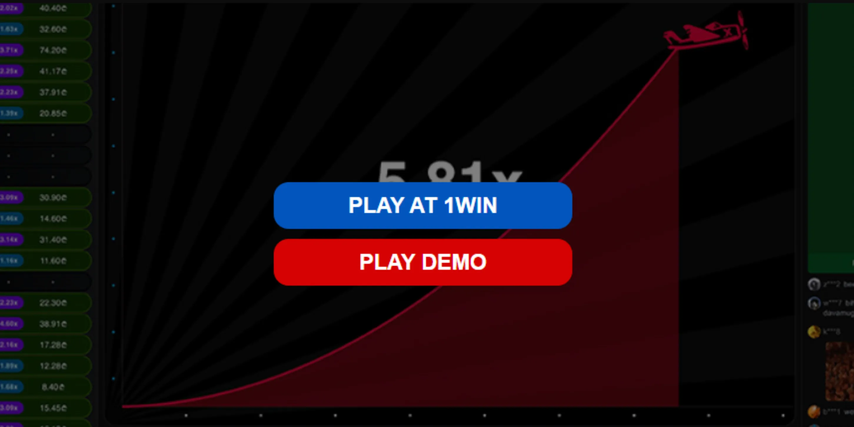 1win Aviator game screen featuring Play at 1win and Play Demo buttons over a rising crash game multiplier chart