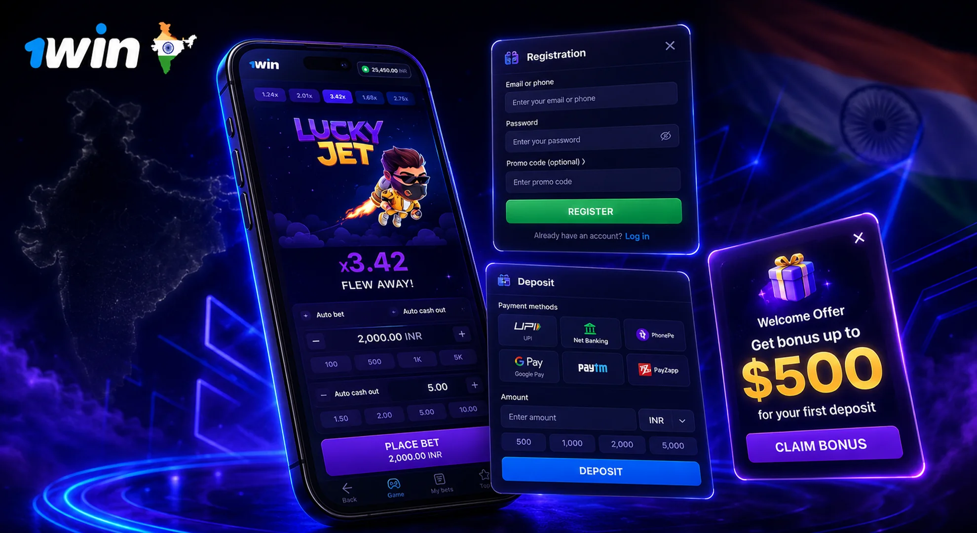 Lucky Jet game interface in the 1win app with registration, account replenishment, and bonus.