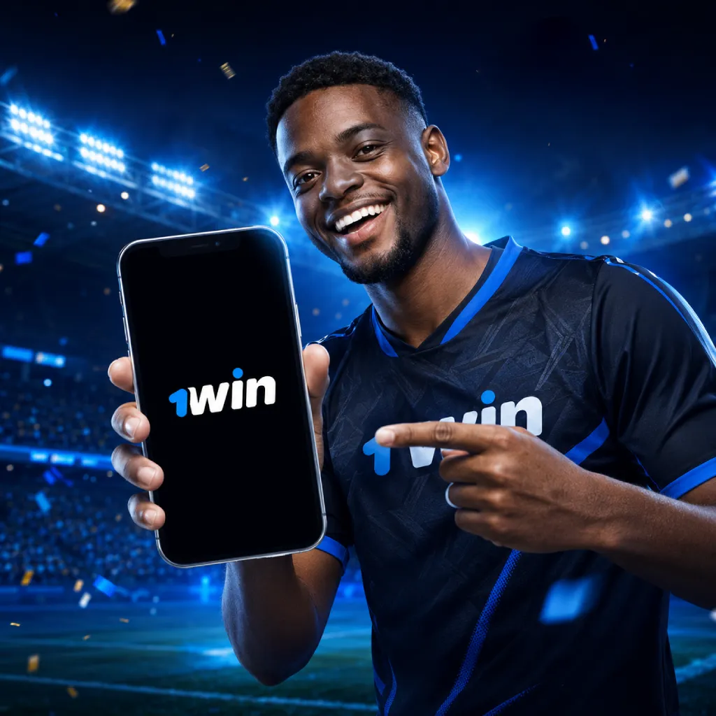 1win football betting app promo with smiling player holding smartphone in blue stadium