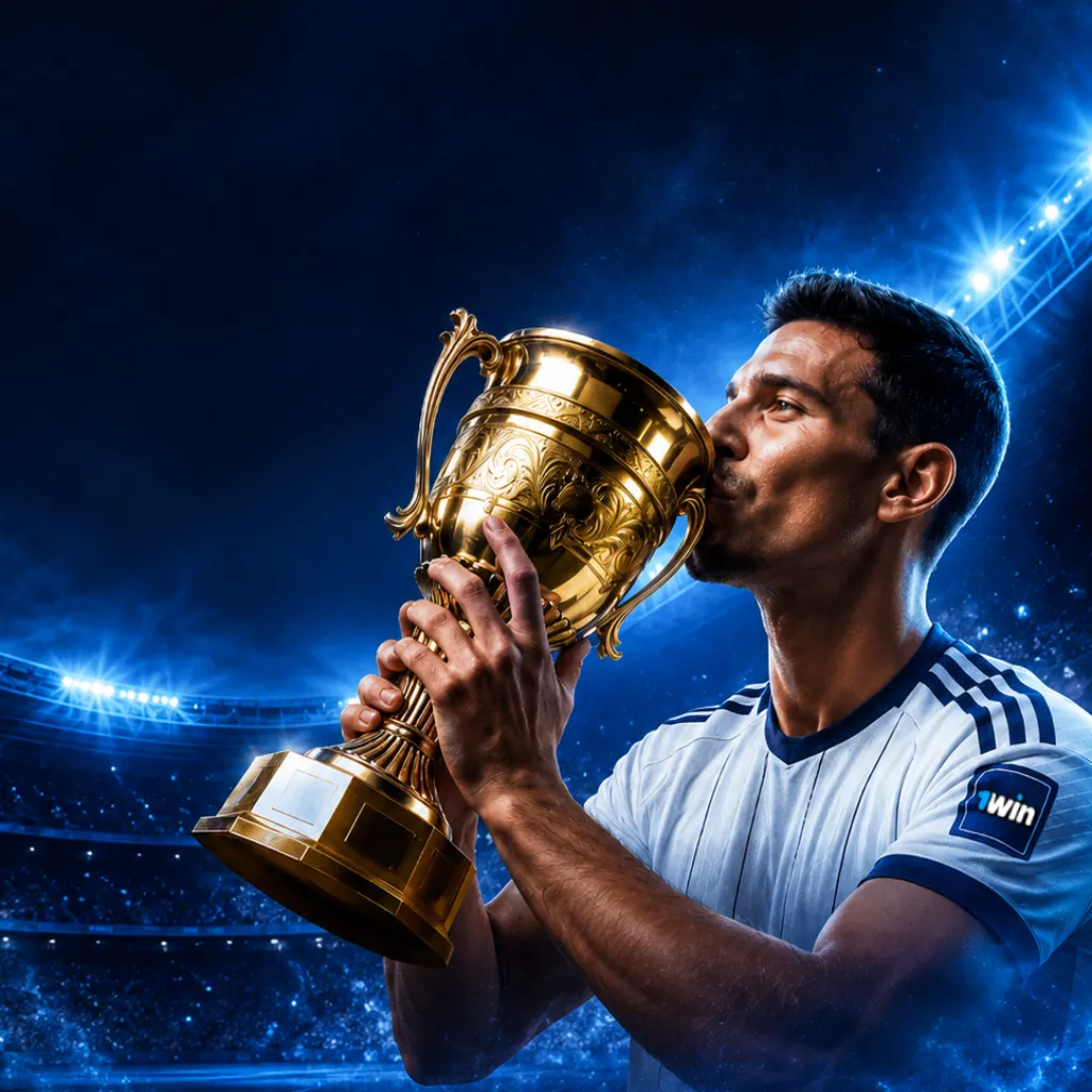 Football player kissing a golden trophy in a blue stadium for 1win World Cup betting promo