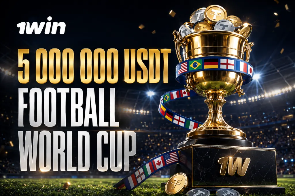 1win Football World Cup promo with 5 000 000 USDT prize pool and golden trophy in stadium